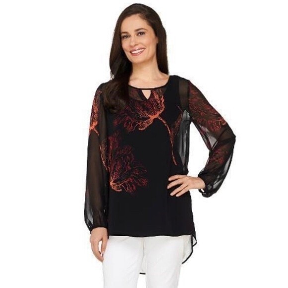 Susan Graver Placement Print Sheer Chiffon Black with Red Tunic with Keyhole - 6 - Picture 1 of 10